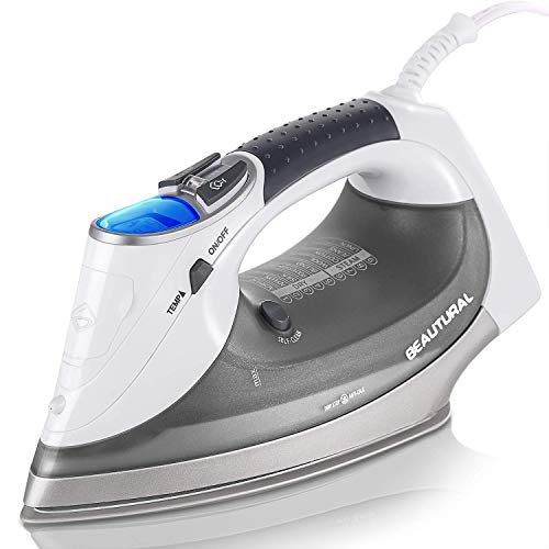 BEAUTURAL 1800-Watt Steam Iron with Digital LCD Screen, Double-Layer and Ceramic Coated Soleplate, 3-Way Auto-Off, 9 Preset Temperature and Steam Settings for Variable Fabric