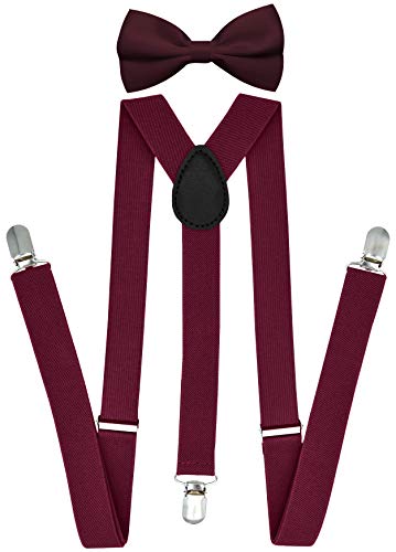 Trilece Suspenders for Men and Bow Tie Set - Adjustable Elastic Y Back Style Suspender with bowtie (Burgundy Set)