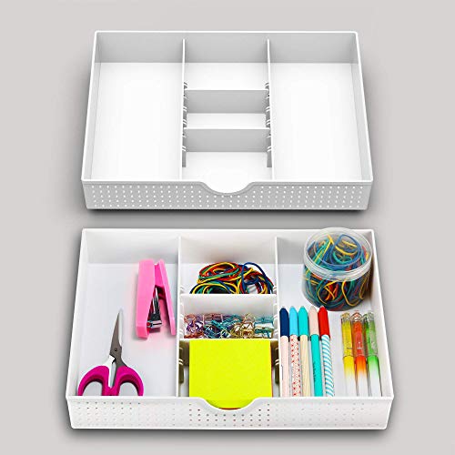 CAXXA 2PK - 3 Slot Drawer Organizer with Two Adjustable Dividers - Drawer Storage Junk Drawer Organizer for Office Desk Supplies and Accessories, White