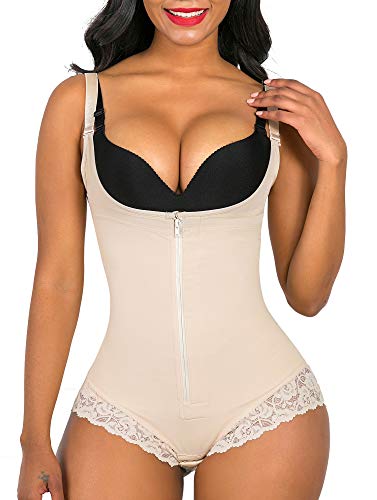 SHAPERX Women Shapewear tummy control Fajas Colombianas Body Shaper Zipper Open Bust Bodysuit, SZ7200-Beige-S