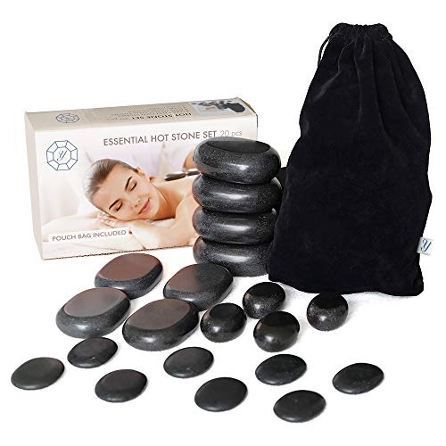 YOMMI Hot Stones for Massage Premium Set Basalt Rocks Spa Professional Essential Kit Relaxing Healing Pain Relief Black Smooth Stone, Storage Pouch Bag Included (Essential Set 20pcs)