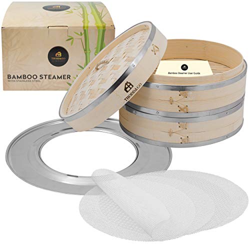 Thodd&Go Bamboo Steamer Basket, 10 Inch Stainless Steel Bamboo Steamer Pot for Cooking Dumplings Vegetables Fish & Meat. Included Steamer Adapter Ring and 4 Reusable Silicone Pads