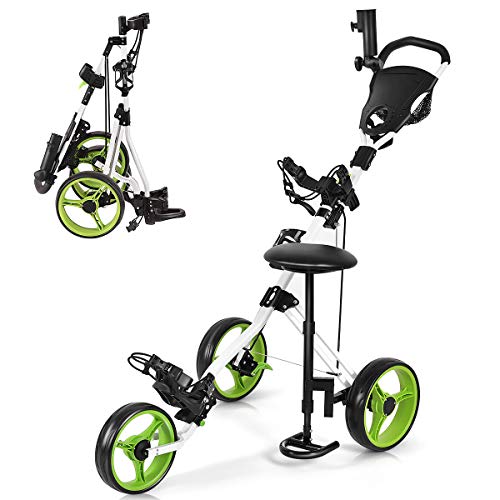 GYMAX 3 Wheel Golf Push Cart, Folding Golf Pull Trolley with Drink Holder Seat Scoreboard Bag, Lightweight Push Pull Golf Cart (Green)