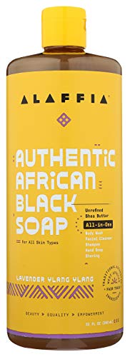 Alaffia - Authentic African Black Soap, All-in-One Body Wash, Shampoo, and Shaving Soap, All Skin and Hair Types, Fair Trade, No Parabens, Non-GMO, No SLS, Lavender Ylang Ylang, 32 Fl Oz