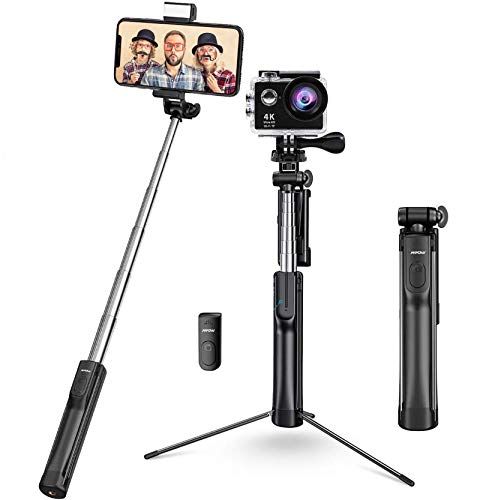 Mpow Selfie Stick Tripod, All in 1 Portable Extendable Selfie Stick with Bluetooth Remote & Fill Light, Compatible iPhone 11/11PRO/XS Max/XS/XR/X/8P/7P, Galaxy S20/S10/S9/S8 Gopro/Small Camera, Black