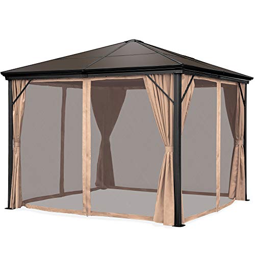 Best Choice Products 10x10ft Outdoor Aluminum Frame Hardtop Gazebo Canopy for Backyard, Garden w/Side Shade Curtains, Mosquito Bug Nets, Brown
