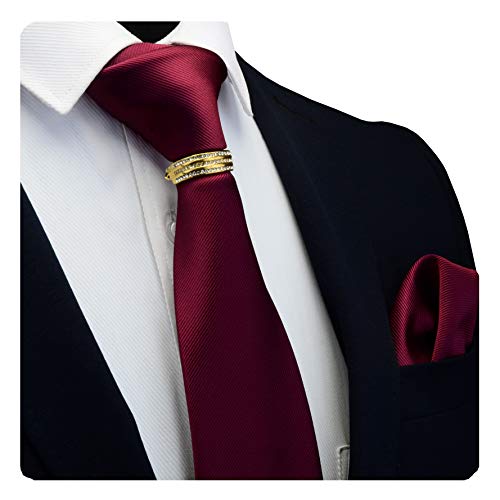 GUSLESON Brand Men's Wedding Solid Wine Burgundy Tie Necktie With bar pins brooch and Pocket Square (0799-06-G)
