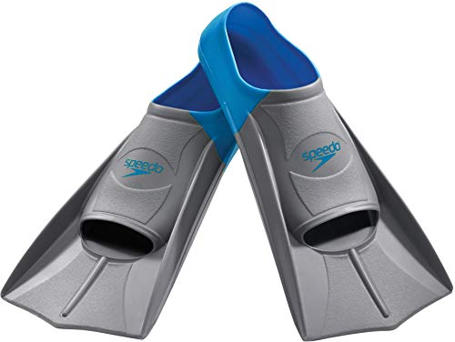 Speedo unisex-adult Swim Training Fins Rubber Short Blade,Blue/Grey,M - Men's Shoe size 7-8 | Women's Shoe size 8.5-9.5