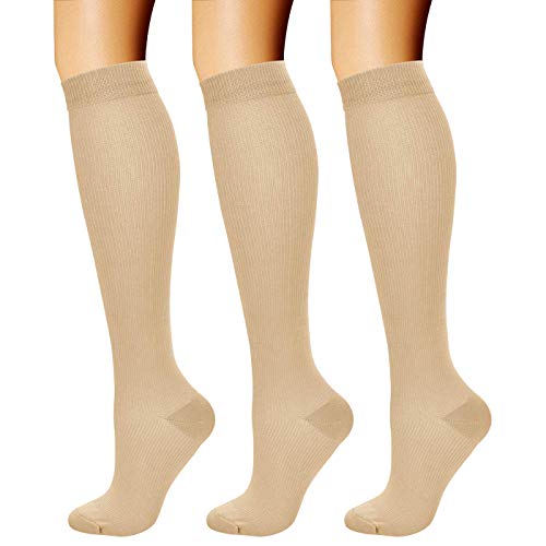 CHARMKING Compression Socks for Women & Men Circulation (3 Pairs) 15-20 mmHg is Best Athletic for Running, Flight Travel, Crossfit, Cycling, Pregnant - Boost Performance, Durability (S/M, Nude)