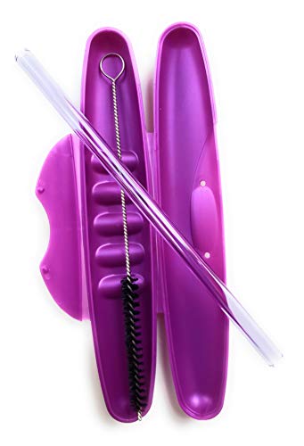 Reusable Glass Drinking Straw with Travel To Go Protective Carrying Case Holder and Cleaning Brush | Perfect for Home, Office or Gift | Straight 8 in x 9.5 mm Healthy, BPA Free, Eco Friendly(Amethyst)