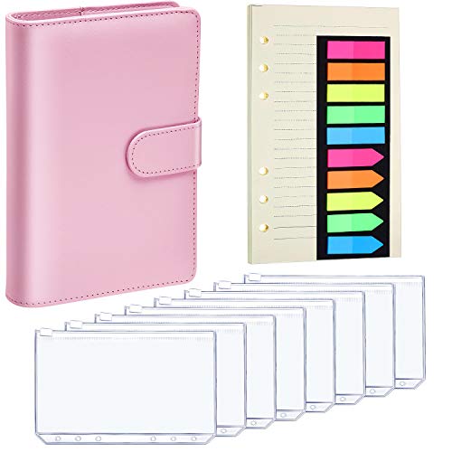 A6 PU Leather Notebook Binder Magnetic Refillable 6 Round Ring Binder Cover, Binder Pockets A6 Size 6 Holes Binder Zipper Folders, A6 Loose Leaf Paper 200 Pieces Neon Page Markers (Pink)