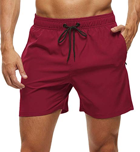 Tyhengta Mens Stretch Swim Trunks Quick Dry Beach Shorts with Zipper Pockets and Mesh Lining Wine-Red 32