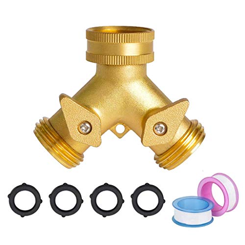 Garden Hose Splitter 2 Way, Heavy Duty 3/4 Brass Y Water Hose Valve Connect Faucet with 4 Presure washers & 2 Rolls Sealing Tape for Irrigation Watering Suitable for All American Thread