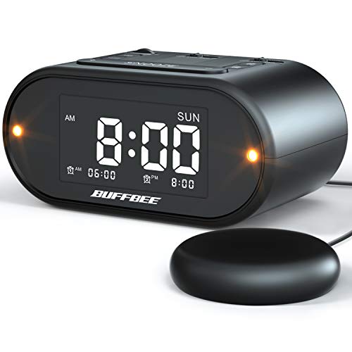 Buffbee Super Loud Alarm Clock for Heavy Sleepers with Bed Shaker, Flashing Alert Light, Full Range Dimmer, USB Charger, Battery Backup Vibrating Alarm Clock for Bedrooms