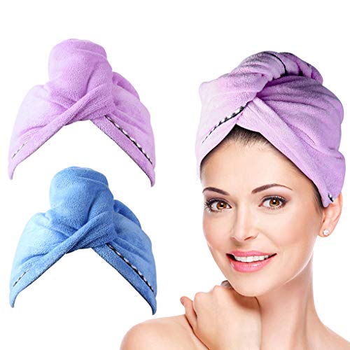 2 Pack Hair Towel Wrap Turban Microfiber Drying Bath Shower Head Towel with Buttons, Quick Dryer, Dry Hair Hat, Wrapped Bath Cap by Duomishu