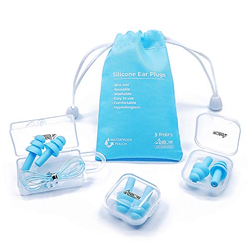 Reusable Silicone Ear Plugs - ANBOW Waterproof Noise Reduction Earplugs for Sleeping, Swimming, Snoring, Concerts, 32dB Highest NRR, 3 Pairs with Bonus Travel Pouch