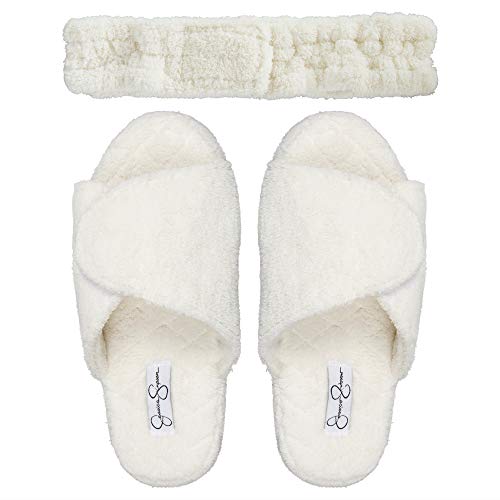 Jessica Simpson womens Plush Open Toe Adjustable Slide on Spa and Stretch Headband Set Slipper, White, Small-Medium US