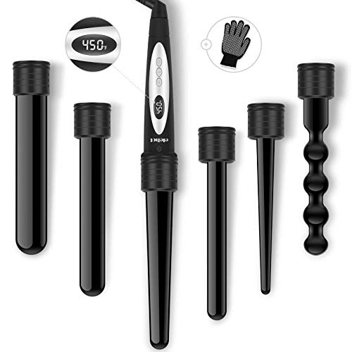 ELEHOT Curling Wand Iron 6 in 1 Set Interchangeable Ceramic Tourmaline Barrels and Temperature Control with Heat Protective Glove & 3 Clips (Black)