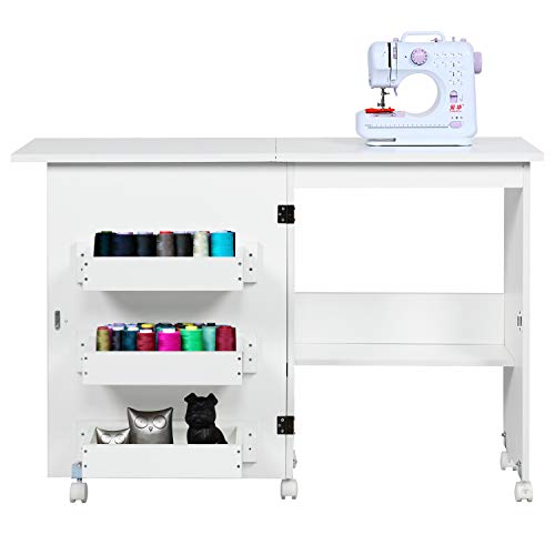 Sewing Table Folding Sewing Craft Cabinet with Storage Shelves and Lockable Casters Folding Rolling Sewing Cart Art Craft Desk for Sewing Machine, Space-Saving Sewing Cabinet for Small Room, White
