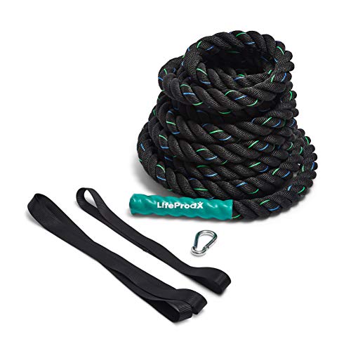 LIFEPRODX Battle Rope with Anchor kit - Weight and Gym Exercise Equipment for Home or Outdoor Fitness Workout (1.5' X30') Muscle Building - Cardio Workout - Arm Strength Training and Conditioning
