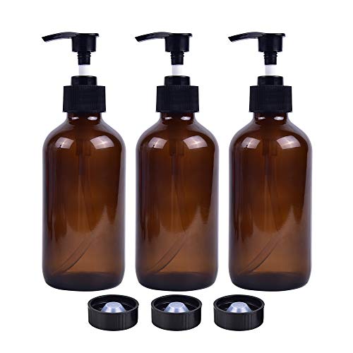 3 Pack Empty Amber Glass Pump Bottles 8oz Pump Bottles Refillable Containers for Essential Oils, Cleaning Products, Lotions, Aromatherapy, Durable Black Pumps