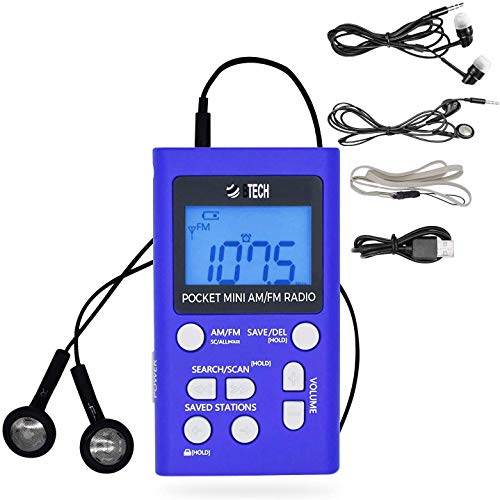 BTECH MPR-AF1 AM FM Personal Radio with Two Types of Stereo Headphones, Clock, Great Reception and Long Battery Life, Mini Pocket Walkman Radio with Headphones (Blue)