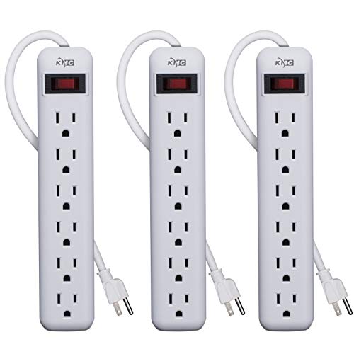 KMC 6-Outlet Power Strip 3-Pack, Overload Protection, 3-Foot Cord, White