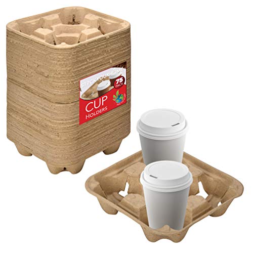 4 Cup Disposable Coffee Tray (75 Count) - Biodegradable and Compostable Cup Holder - Durable Drink Carrier for Hot or Cold Drinks - To Go Coffee Cup Holder for Food Delivery Service, Uber Eats