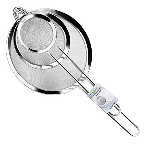 IPOW Set of 3 Stainless Steel Fine Mesh Strainer, Colander Sieve Sifters with Long Handle for Kitchen Food, Small Medium Large Size for Tea Coffee Powder Fry Juice Rice Vegetable Fruit Etc