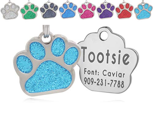 io tags Pet ID Tags, Personalized Dog Tags and Cat Tags, Custom Engraved, Easy to Read, Cute Glitter Paw Pet Tag (Turquiose)