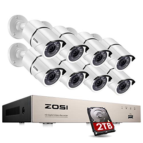 ZOSI 8ch 1080p Security Camera System with Hard Drive 2TB,5MP Lite 8 Channel H.265+ CCTV Video DVR Recorder and 8pcs 1920TVL Outdoor Home Surveillance Cameras,120ft Long Night Vision,Motion Alerts