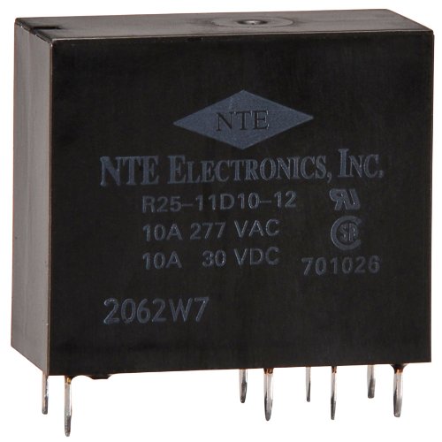 NTE Electronics R25-11D10-12 Series R25 PC Board Mount Epoxy Sealed Relay, DPDT, 10 Amp, 12VDC