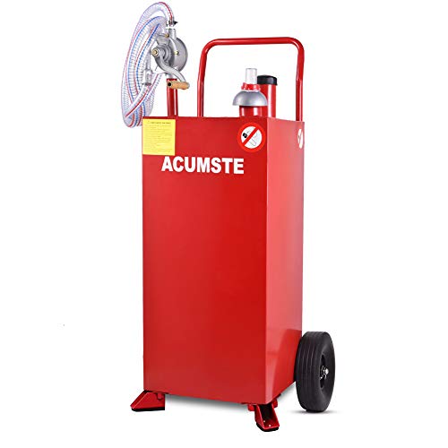 30 Gallon Fuel Tank, Portable Gasoline Diesel Gas Caddy, Hand Siphon 2 Pump Flat-Free Solid Rubber Wheels, for ATVs, Cars, Mowers, Tractors, Boat, Motorcycle(Red, 2 Wheels)