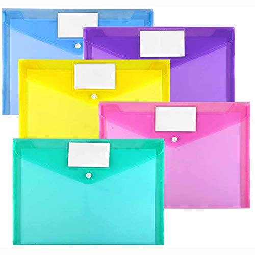 10 Pack Plastic Envelopes Poly Envelopes, Sooez Clear Document Folders US Letter A4 Size File Envelopes with Label Pocket & Snap Button for School Home Work Office Organization, Assorted Color