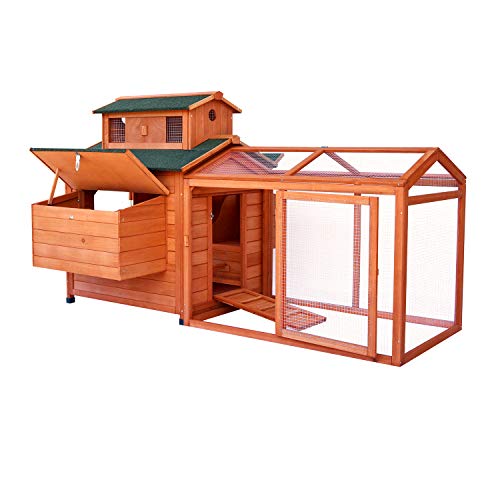 LAZY BUDDY Chicken Coop, 70” Wooden Chick Cage with 2 Hen Nesting Boxes, Indoor and Outdoor Use Chicken House with Waterproof Roof for Chicken and Other Pets (Extra Large)