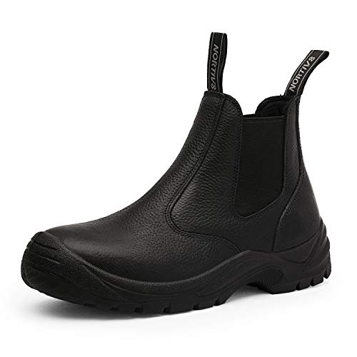 NORTIV 8 Men's Steel Toe Chelsea Work Boots Waterproof Slip on Safety Construction Boots Black Litchi Size 10 M US Furness-STL