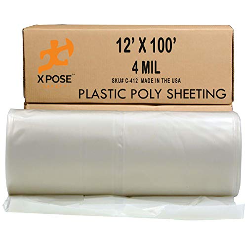 Clear Poly Sheeting - 12x100 Feet – Heavy Duty, 4 Mil Thick Plastic Tarp – Waterproof Vapor and Dust Protective Equipment Cover - Agricultural, Construction and Industrial Use - by Xpose Safety