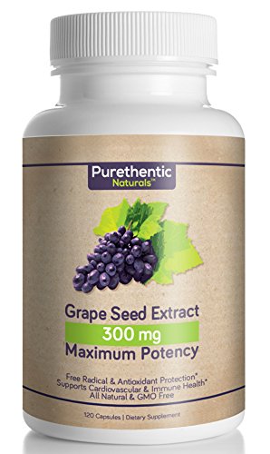 Grape Seed Extract Capsules 300mg, 120 Count, 4 Month Supply, Natural - High Potency - (95% Proanthocyanidins) Purethentic Naturals, (1 Bottle)