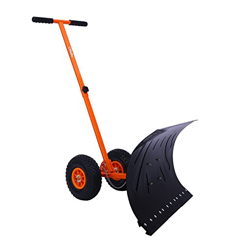 Ohuhu Wheeled Snow Shovel, Heavy Duty Metal Rolling Snow Pusher Snow Removal Tool for Driveway Doorway