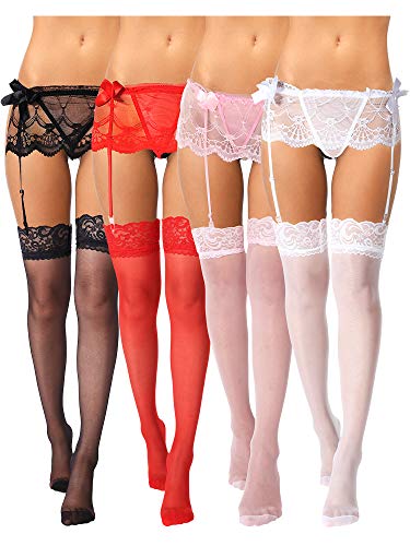 4 Pieces Lace Garter Belts Lace Suspender Belt Lingerie Thigh High Stocking for Women Ladies (Color Set 1)