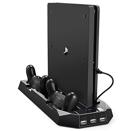 PECHAM Vertical Stand for PS4 Slim / PS4 with Cooling Fan, for Playstation 4/Slim Console, Dual Controller Charge Station, 3 HUB Port (Not for Pro)