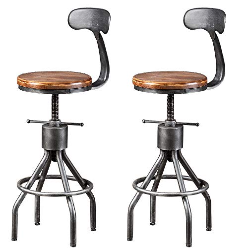 Set of 2 Vintage Bar Stool- Industrial Swivel Kitchen Dining Chair-Counter Height 23-33'-with Backrest