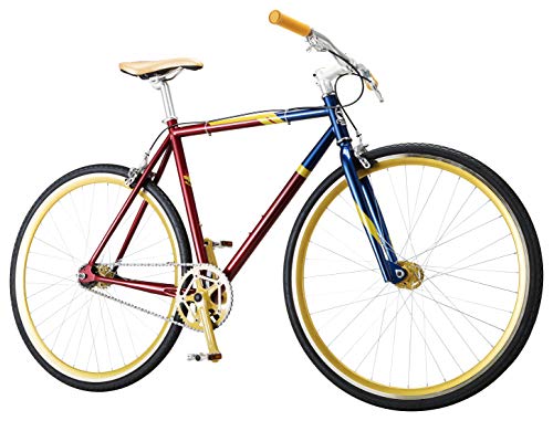Captain Marvel Single-Speed Fixie Style Bike by Schwinn, Featuring 58cm/Large Steel Stand-Over Frame with 700C Wheels and Flip-Flop Hub, Perfect for Urban Commuting and City Riding, in Red/Blue/Gold