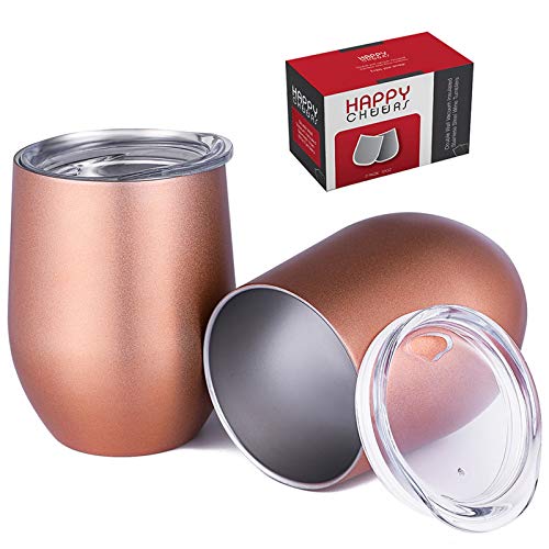 Happycheers Insulated Wine Tumbler Cup with Lid and Straw, Stainless Steel 12 Oz Tumblers Set, Portable Metal Wine Mug of 2 Pack for Coffee Drink Cocktail Outdoor Travel, with Box, Rose Gold