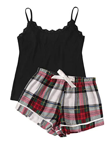 SweatyRocks Women's Sleepwear Set Plaid Print Cami Top and Elastic Waist Short Pajama Set Multicolor Small