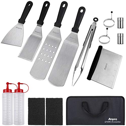 Anpro Griddle Accessories Set Tools, 15 PCS Flat Top Grill Accessories with Spatulas & Scraper, Griddle Kit Utensils Set for Outdoor Hibachi, Teppanyaki and Camping