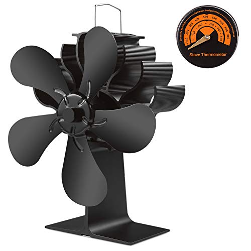 Slivek 5-Blades Fireplace Stove Fan, Silent Motors Heat Powered Stove Fan with Thermometer for Wood, Log Burner, Fireplace
