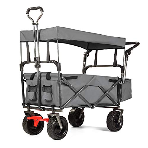 EXTEC Push and Pull Folding Stroller Wagon Collapsible with Canopy with Brakes with Safety Belts - Easy Setup NO Tool Needed (Grey)