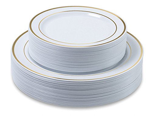 Disposable Plastic Plates - 60 Pack - 30 x 10.25' Dinner and 30 x 7.5' Salad Combo - Gold Trim Real China Design - Premium Heavy Duty - By Aya's Cutlery Kingdom