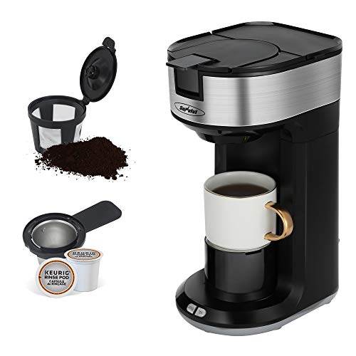 K Cup Coffee Maker for Capsule Pod Ground Coffee, Single Serve Coffee Maker with Permanent Filter 6-14oz Reservoir, Coffee Machine with Regulator One-Touch Button 1000W Fast Brew Auto Shut Off, Black